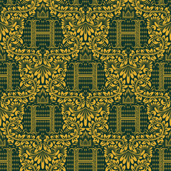 Damask seamless pattern repeating background. Golden green floral ornament with H letter and crown in baroque style. Antique golden repeatable wallpaper.
