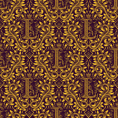 Damask seamless pattern repeating background. Golden purple floral ornament with L letter and crown in baroque style. Antique golden repeatable wallpaper.