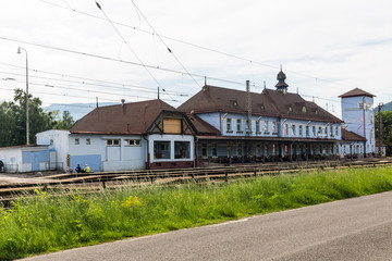 Exterior view of the main railway station in Ruzomberok - obrazy, fototapety, plakaty