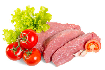 Chunks  fresh beef, lettuce and tomatoes isolated on white background.