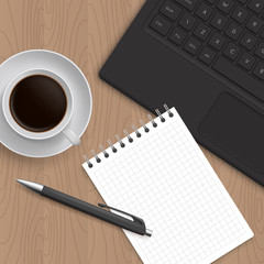 Blank Pad of Paper ready for your own text, Pen and Coffee, laptop. Realistic top view vector illustration. Coffe and notebook and laptop on wooden table