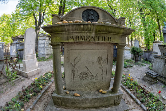 PARIS, FRANCE - MAY 2, 2016:  Parmentier potato importer from usa to europe grave in Pere-Lachaise cemetery homeopaty founder