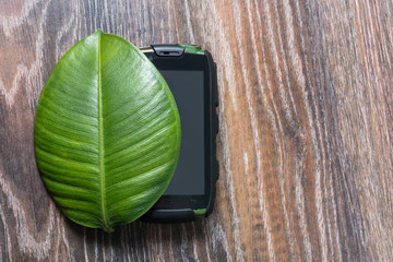 phone on a green leaf on wooden background