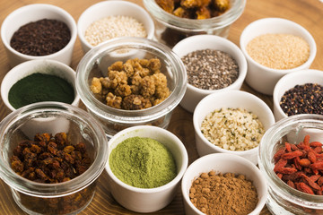 bowls of various superfoods