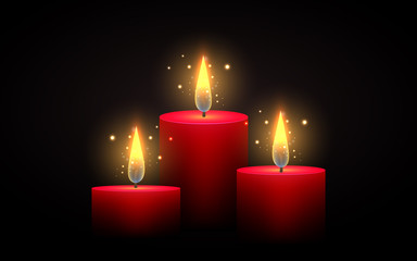 Set of red candles of different lengths. Vector element. Burning candle.