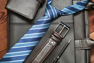 Collection of man's business accessories and clothes.