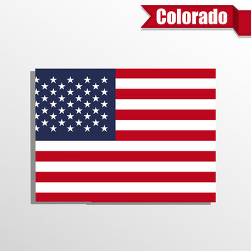 Colorado State map with US flag inside and ribbon