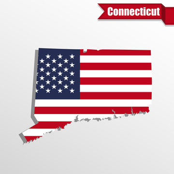 Connecticut State map with US flag inside and ribbon