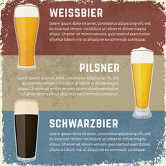 Vintage craft beer banners in dirty grunge style. Vector illustration of German beer styles. Glasses of weissbier (wheat beer), schwarzbier (black lager) and pilsner lager. - obrazy, fototapety, plakaty