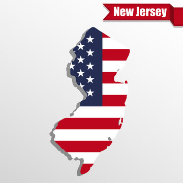 New Jersey State map with US flag inside and ribbon