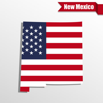 New Mexico State map with US flag inside and ribbon