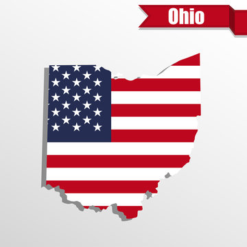 Ohio State map with US flag inside and ribbon