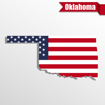 Oklahoma State map with US flag inside and ribbon