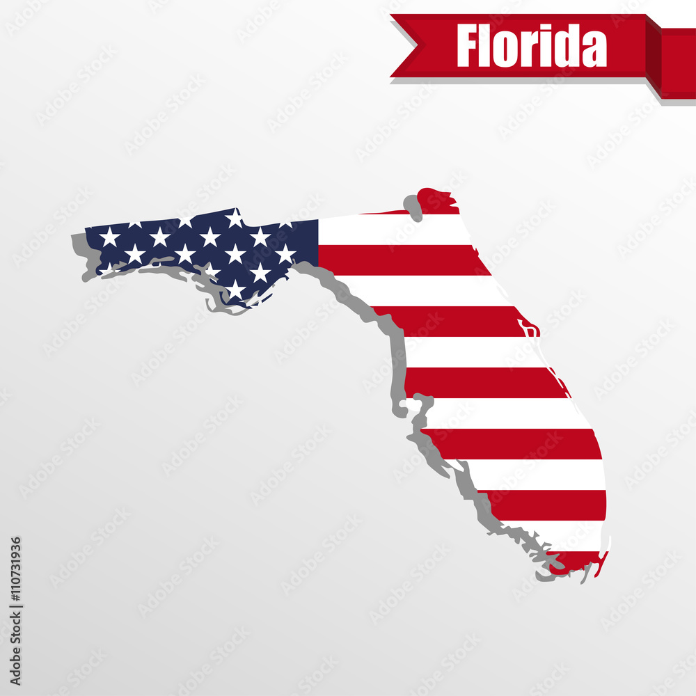 Poster florida state map with us flag inside and ribbon