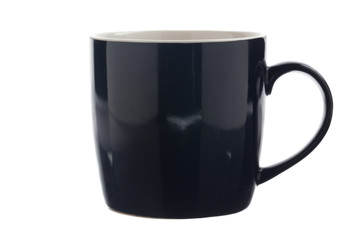 close-up of a black coffee mug.