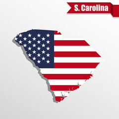 South Carolina State map with US flag inside and ribbon