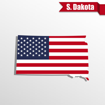 South Dakota State map with US flag inside and ribbon