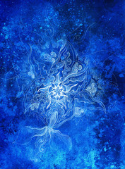 ornamental filigran floral drawing with frozen winter time feelingt, spiral and abstract linear structure pattern Color effect and Computer collage.