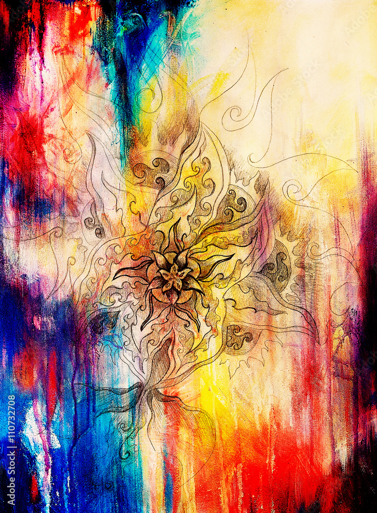 Aufkleber color drawing of flower structure. original hand draw and computer collage. color structure.