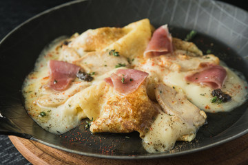 hot breakfast of pancakes and bacon