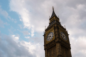 Big Ben, the Great Bell of the clock at the north end of the Palace of Westminster in London, UK on the cloudy sky day. the most famous public place point for tourist.

