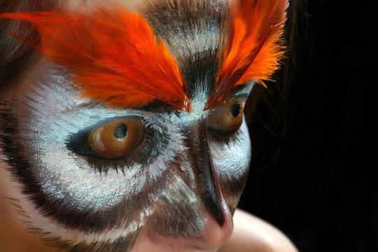 Girl in the mask of an owl, body art