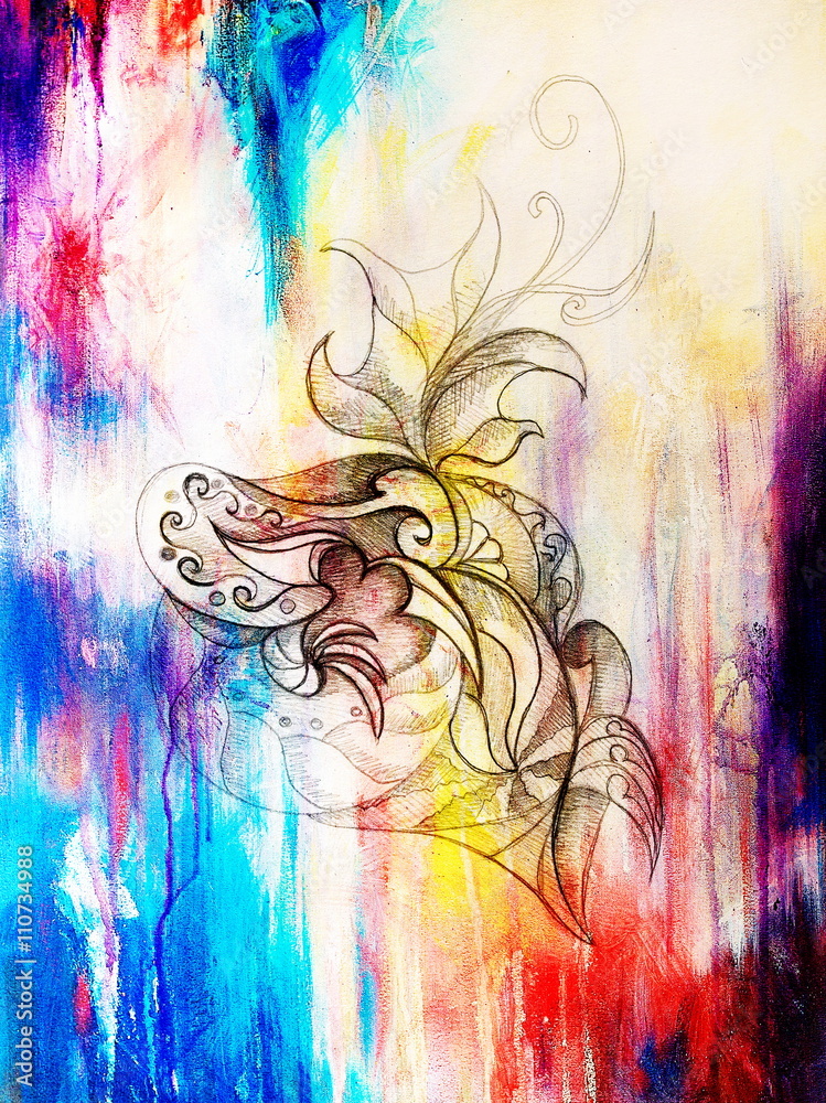 Aufkleber color drawing of ornamental flower structure. original hand drawn and computer collage. color struct