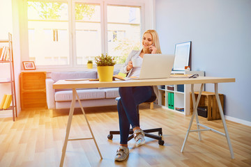Wide angle picture of happy young woman working from her home office