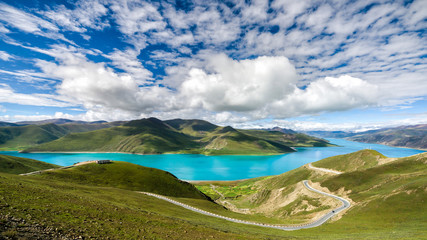 Yamdrok lake panorama from above. Tibet, China.