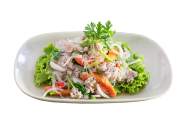 Spicy pork vermicelli salad on white background