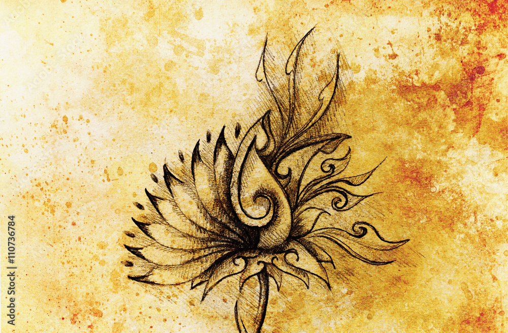 Poster color drawing of ornamental flower structure. original hand drawn and computer collage. color struct