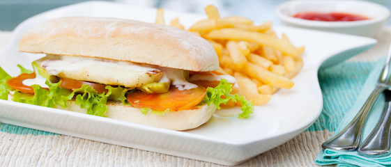Vegetarian Ciabatta with tomatoes, cheese haloumi