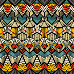 Colorful vector pattern in tribal style. Seamless hand-drawn background with grunge texture. EPS10. - 110736732