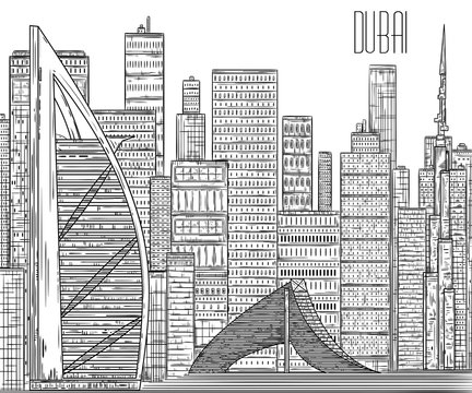 Dubai. Black and white cityscape in line art style. Vintage vector illustration
