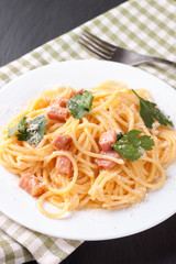 Pasta Carbonara in white plate.