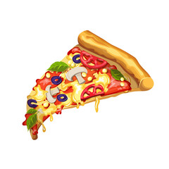 Pizza with mushrooms, tomato paste, cheese, tomato, corn, cheese and olives. A slice of pizza on vintage background.  Quality ingredients. Ribbon with bon appetit.  Vector drawing