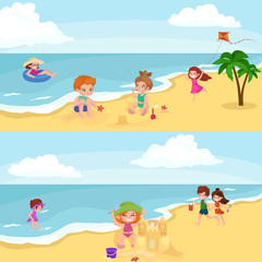 Obraz na płótnie Canvas Summer children. Kids playing in the sand on beach