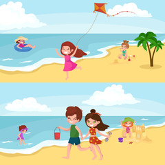 Obraz na płótnie Canvas Fun at beach. Happy kids plaing sand around water