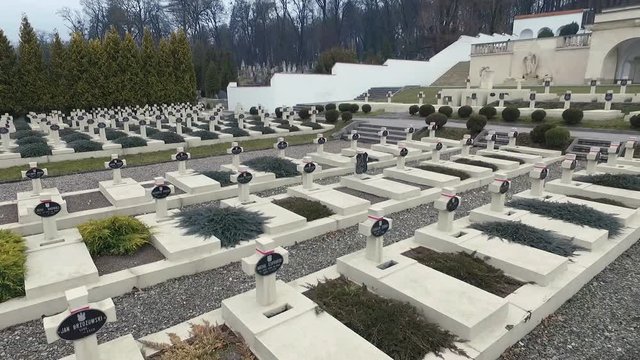 Polish Grave in Lviv. White Crosses and Flowers on the Graves. the Camera Flies Over the Graves of Those Killed in the War Poles. the Crosses Are Decorated With Penta Polish Flag. Grey Sad Weather.