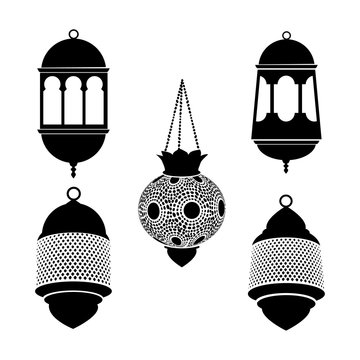 Set of arabic lanterns. Black silhouettes of ramadan lamps. Isolated stock vectors. Flat design.