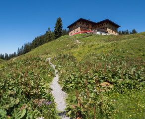 Fototapeta na wymiar SCHROECKEN, AUSTRIA, JUNE 30: A view of Berghotel Koerbersee at the top of hill near village Schroecken in Bregenzerwald, region Vorarlberg in Austria, 2015.