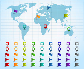 Map pointers on world map. Colorful pins on map. Vector illustration