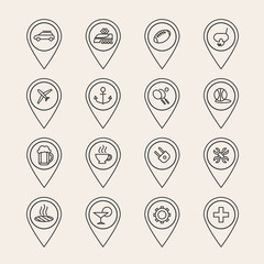 Vector outline pin icons. Map pins thin line signs