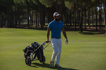 golf player walking with wheel bag