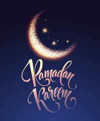 Obraz na płótnie Canvas Ramadan Kareem greeting lettering card with moon and stars. Vector illustration