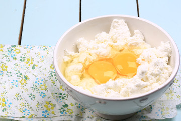 cottage cheese with raw chicken eggs homemade food eco product