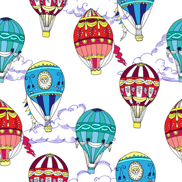 Seamless pattern with clouds and hot air ballons