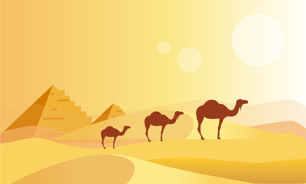 Camel Caravan And Pyramides