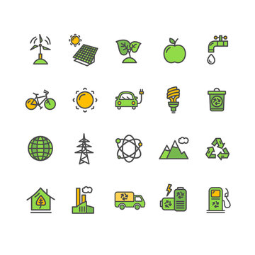 Ecology Colorful Outline Icon Set. Vector