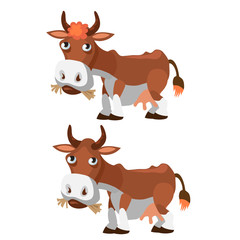 Funny brown cow in cartoon style 